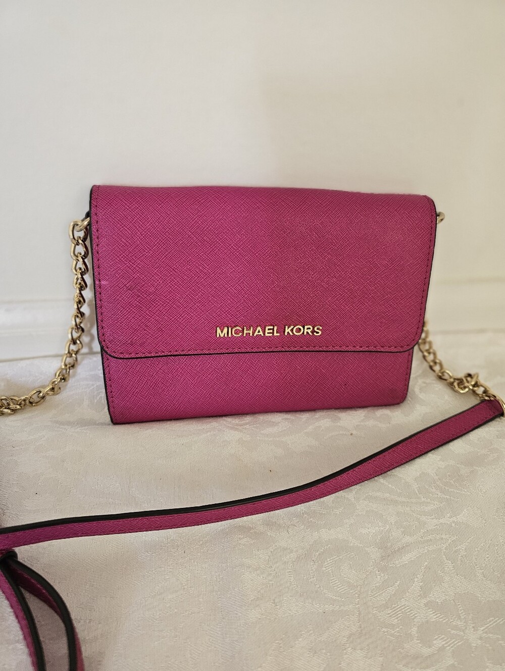 Michael Kors Magenta/Fuchsia Saffiano Leather Crossbody with Gold Hardware